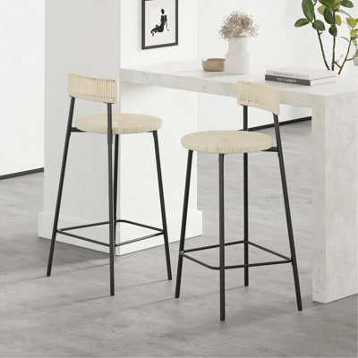 Counter Stools Set Of 2 Handwoven Paper Rope Bar Stools Boho Round Dining Pub Chairs For Kitchen (Black & Creamy White)