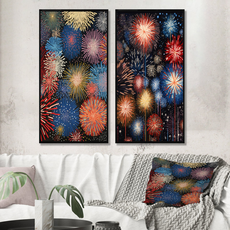 Spectacle de feux d'artifice colorés - ensemble d'art mural sur toile 2 pièces, Cadre noir, H 32 po x l 33 po