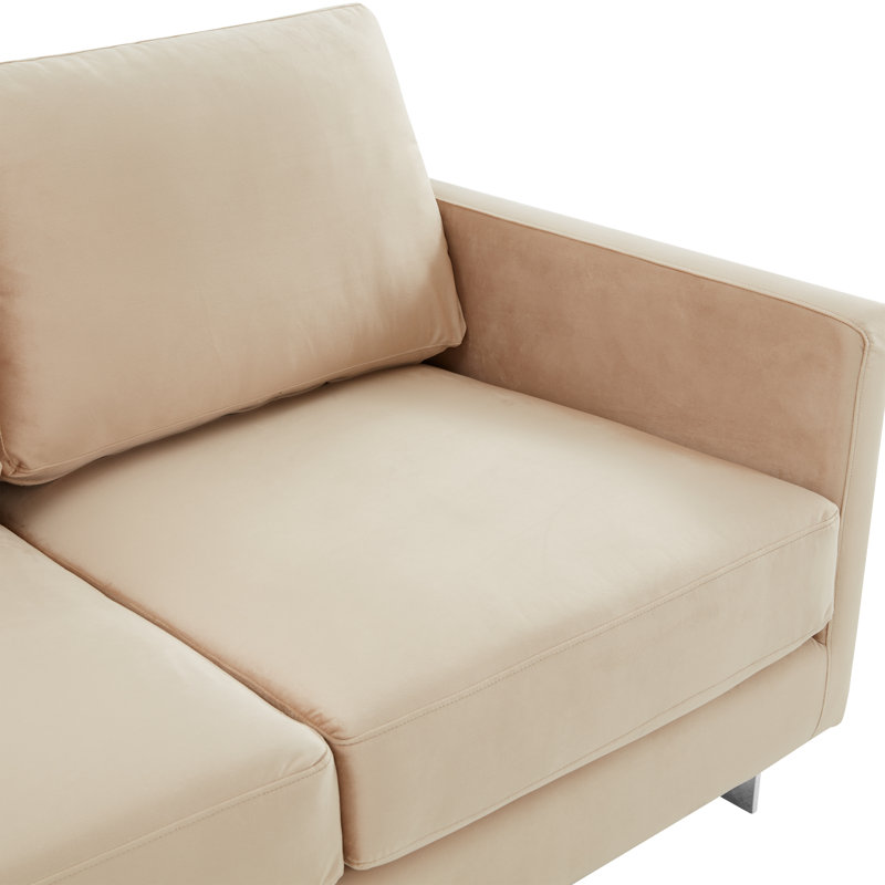 Inbox Zero Velvet Loveseat With Removable Cushions In Chromed Stainless Steel, Beige