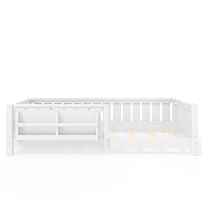 Twin Size Kids Floor Bed With Fence And Built-in Bookshelf,Twin Size Montessori Floor Bed With Slats And Safety Guardrail,Easy Assemble Montessori Beds for Kids,White Floor Beds