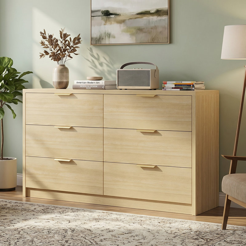 Six-Drawer Double-Row Chest of Drawers, Modern Style White Textured Chest, Natural wood