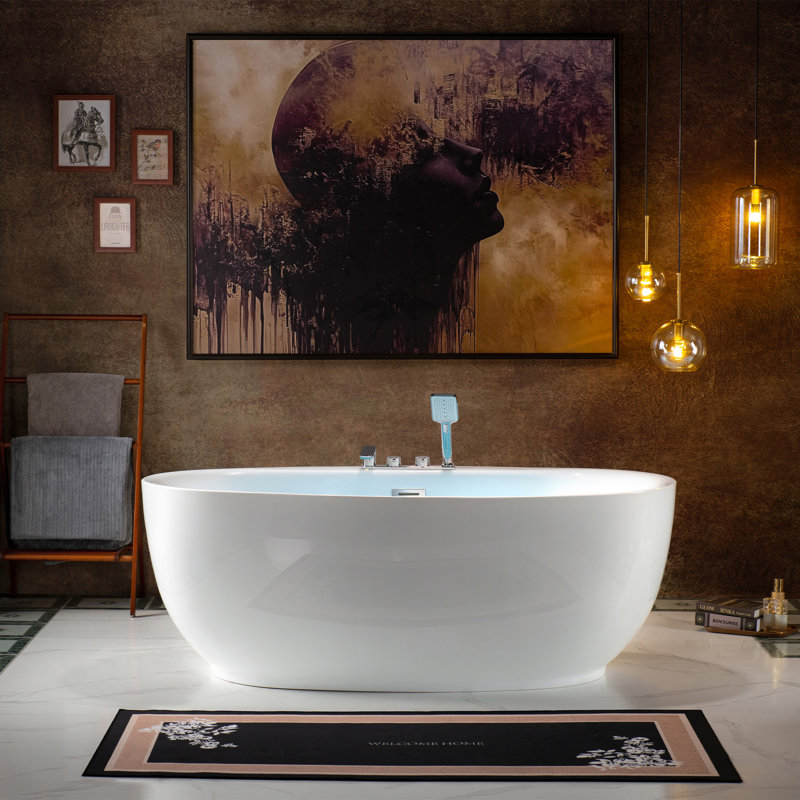 WOODBRIDGE 66" Acrylic Freestanding Double-Ended Soaking Bathtub & Deck-Mounted Faucet Set (Drilling Needed) , Brushed Nickel