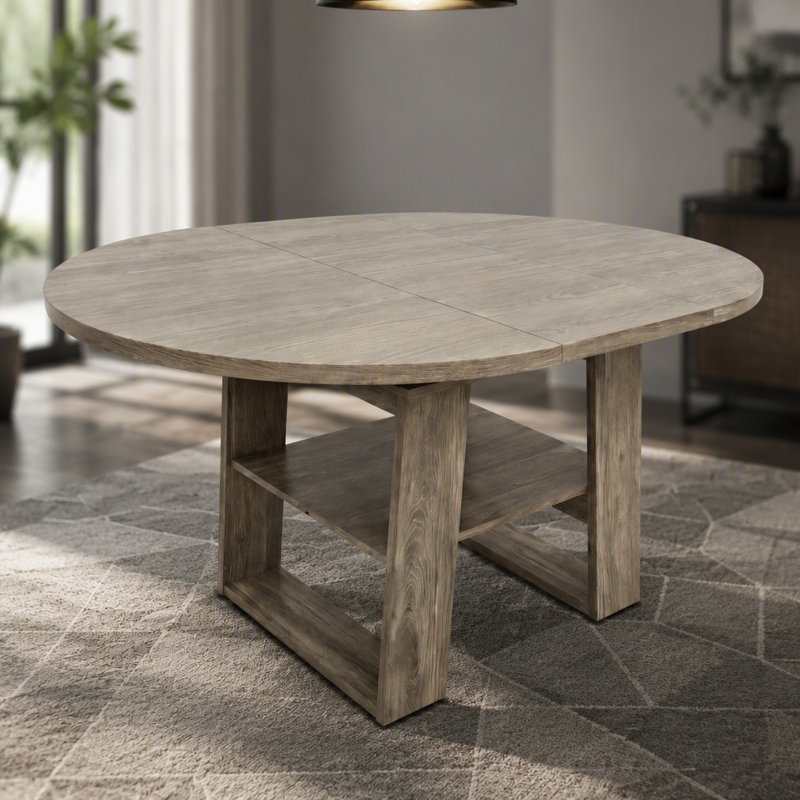 Table de salle à manger ronde extensible de 110 à 150 cm pour 4 à 6 personnes, table de cuisine ronde transformable en ovale avec rallonge intégrée rabattable, piètement stable en forme de H et tablette de rangement, grise