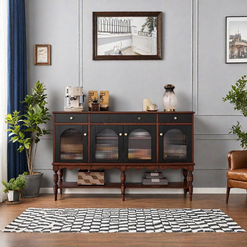 French retro wall-mounted sideboard, 39.37" H x 62.99" W x 15.75" D, Brown/Black