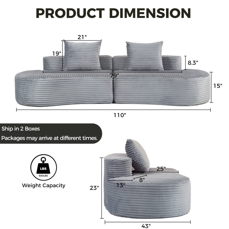 110" W Modern Curved Sectional Sofa Couch 2-Seater Split Corduroy Sofa with Pillows, No Assembly Required, Gray Polyester