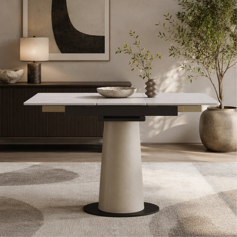 Table de salle à manger rétractable à dalle de roche pliante, table carrée extensible moderne avec base en acier inoxydable revêtue de cuir, table de cuisine à double usage pour les petits appartements