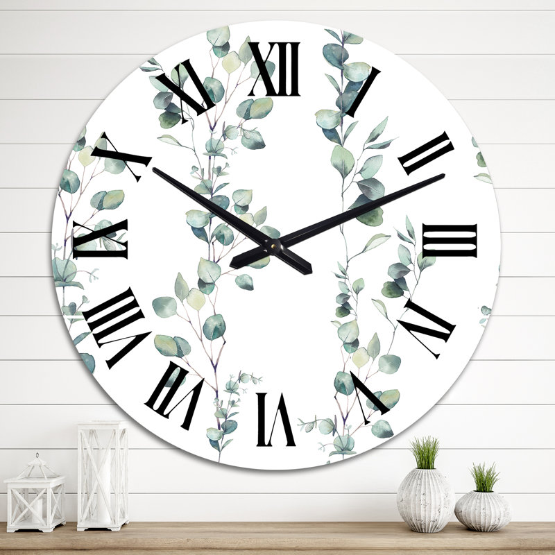 Branche d'eucalyptus sur fond blanc II - Horloge murale tropicale, Surdimensionné