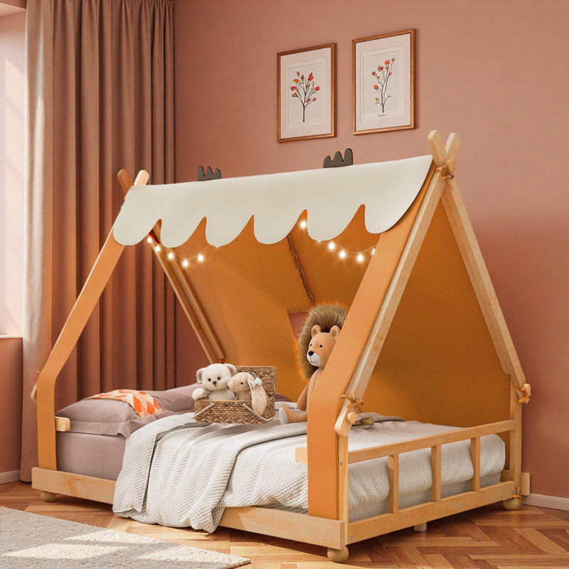 Lit maison avec tente et lumière, Double, Brun