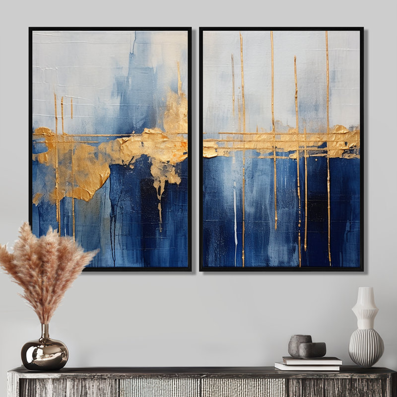Tissu du temps abstrait bleu et or IV - impressions d'art moderne sur toile, 36" H x 48" W, Impression encadrée flottante