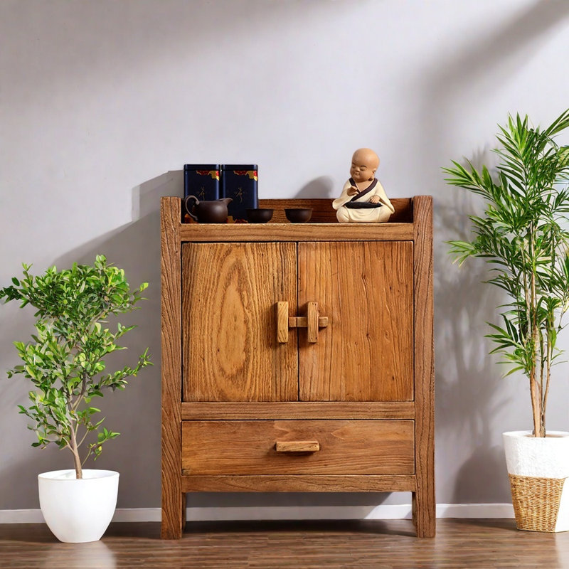 Solid Old Elm Wood Console Cabinet