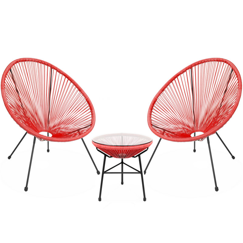 Harijs 3-Piece All-Weather Patio Acapulco Bistro Furniture Set w/ Rope, Glass Top Table, Red