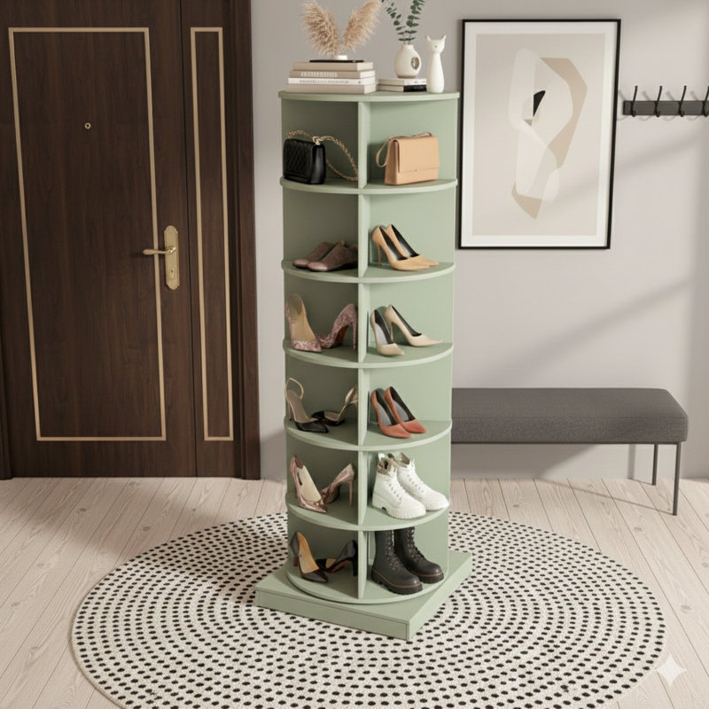 Carrousel de rangement de chaussures pivotant à 360 degrés en vert avec six niveaux, Vert