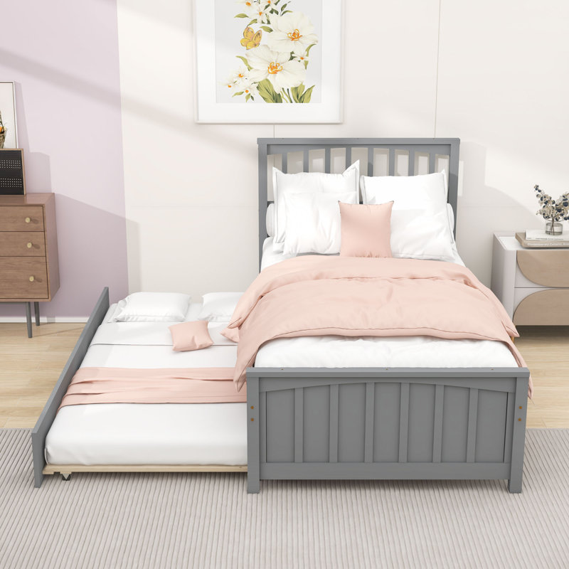 Lit plateforme simple en bois avec lit gigogne simple et lattes, Gris