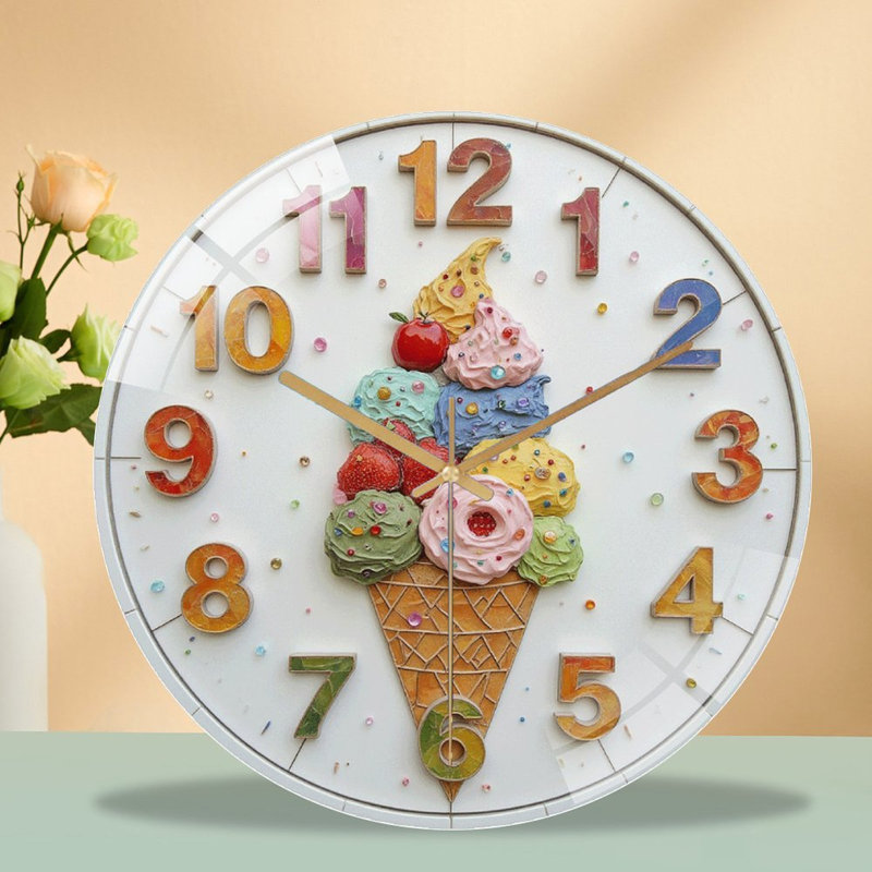 Horloge murale silencieuse en verre trempé de 30 cm, « Horloge murale en forme de cornet de glace », design unique, sans tic-tac, fonctionne avec des piles AA (non incluses), décoration artistique pour la maison