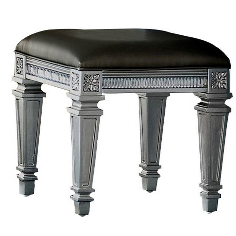 Ghita Gray Solid Wood Vanity Stool with Leatherette Seat