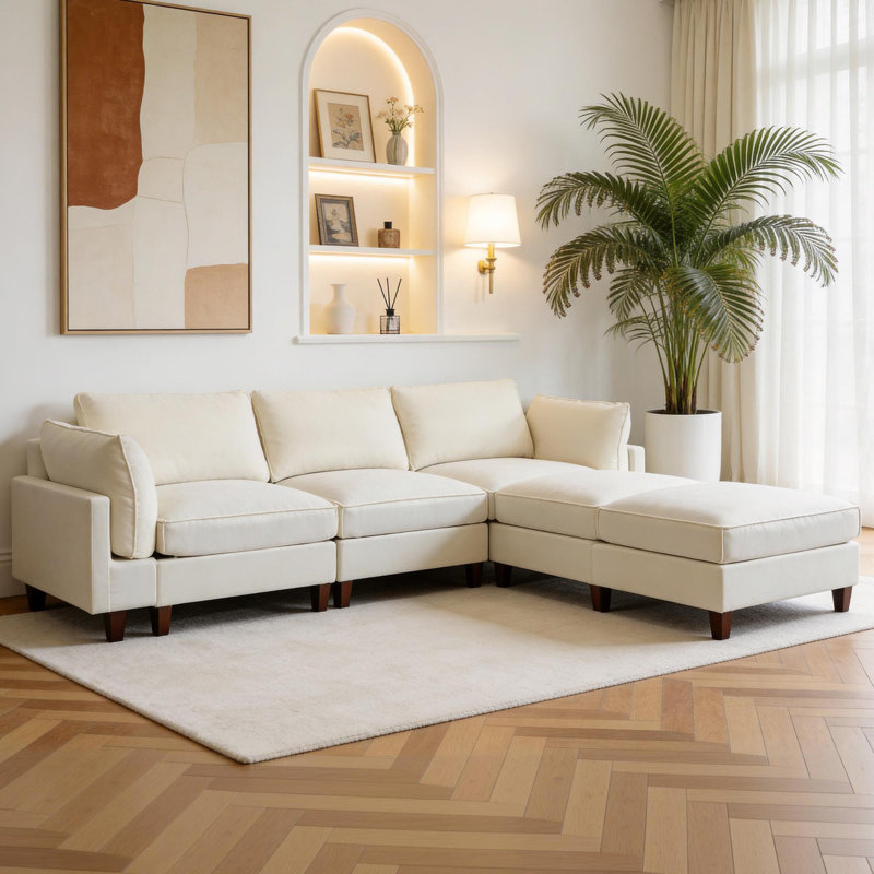 Canapé modulaire en tissu 3 pièces avec 2 repose-pieds, Tissu beige, 38.1" H x 126.3" W x 37.4" D