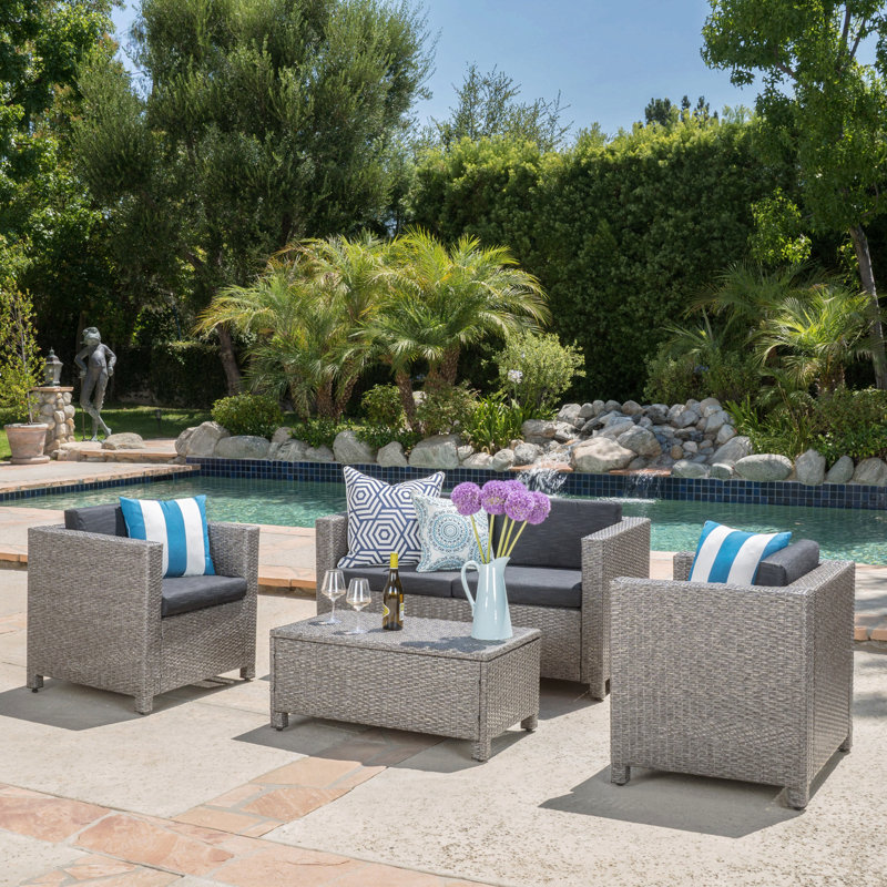 Ensemble 4 pièces PUERTA pour patio, terrasse et cour arrière, Coussin noir / structure grise
