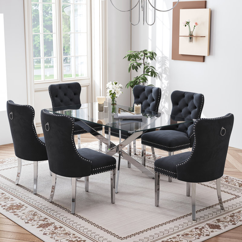 7-Piece Rectangular Glass Dining Set, 63" Modern Tempered Glass Dining Table With Velvet Upholstered Seats, Gold, White/Gold