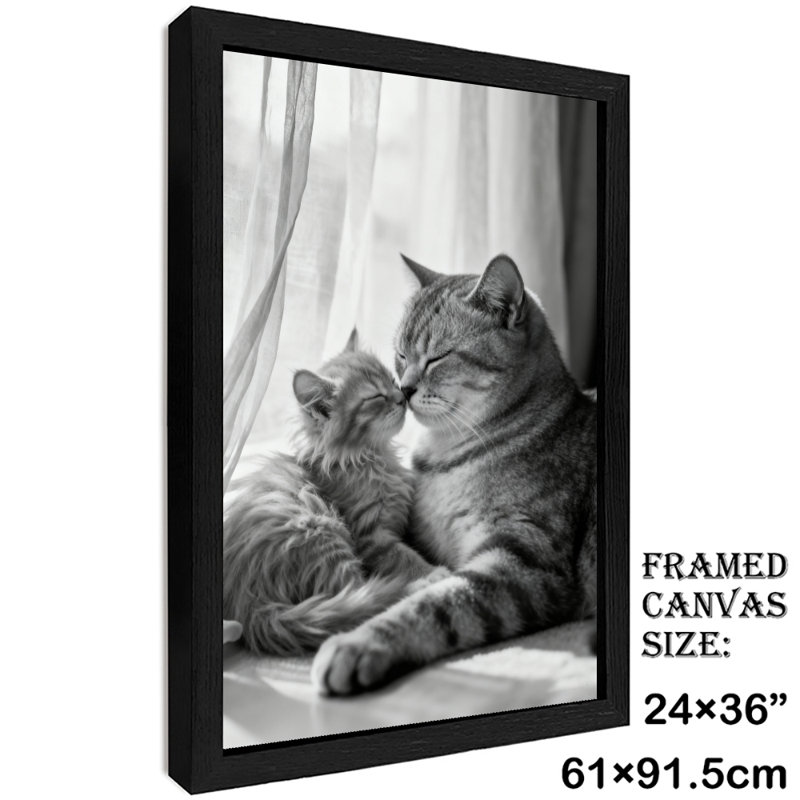 Reproduction d'art encadré noir avec chats rétro blottis ensemble dans une ambiance chaleureuse, H 37 po x l 25 po