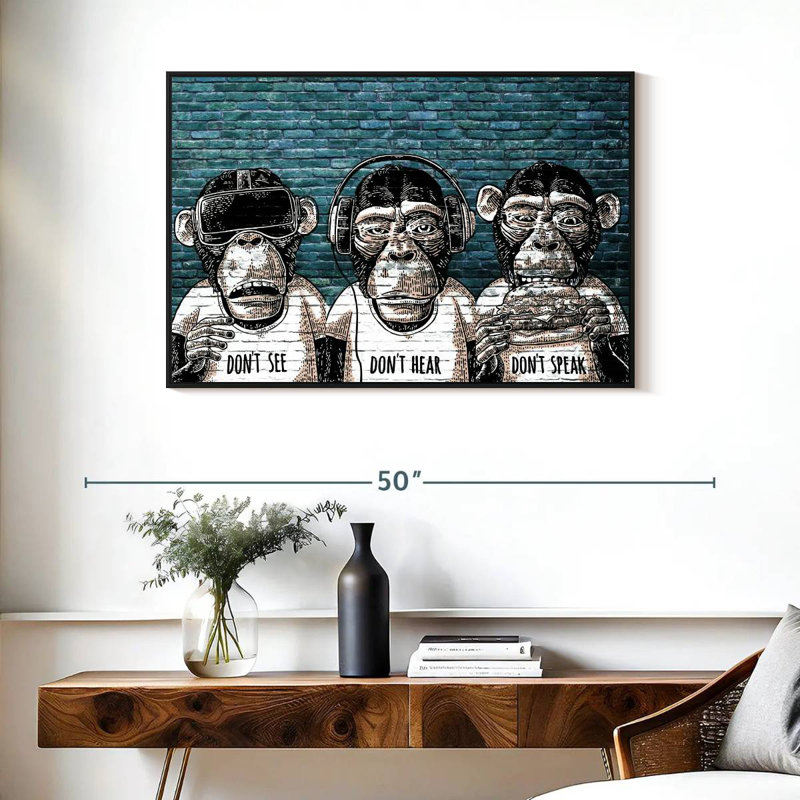 Trois singes, Cadre flottant noir, 37 po x 25 po