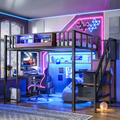 Lit mezzanine double avec bureau, lit mezzanine robuste avec tiroirs et escalier de rangement, lit mezzanine multifonctionnel tout-en-un pour adolescents