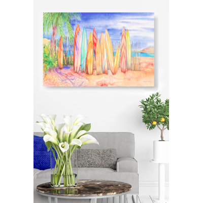 Planche de surf, plage, sable, front de mer, bleu, rouge, jaune