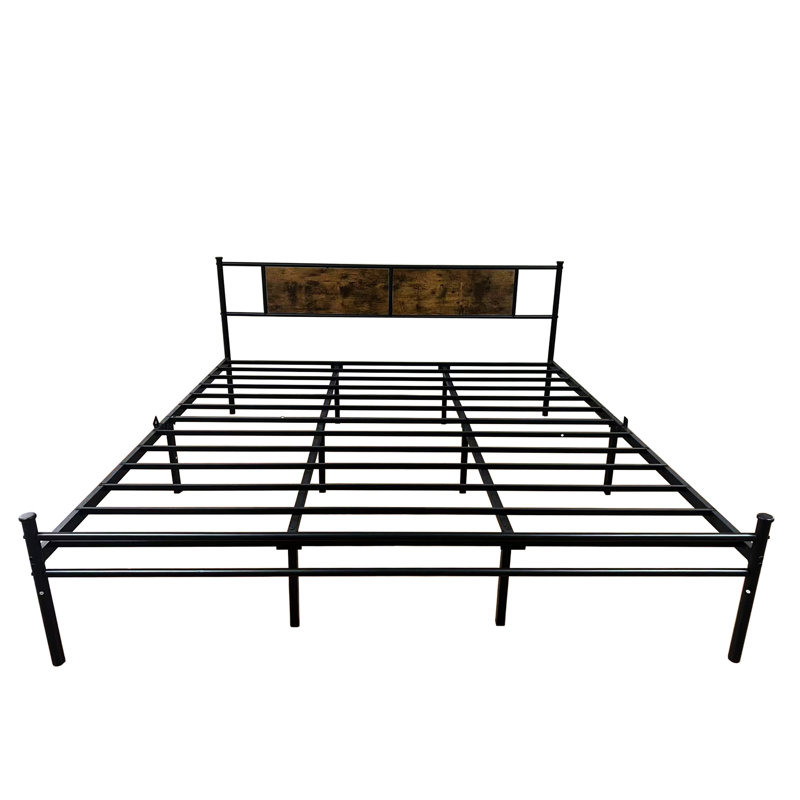 Grand lit plateforme en métal, tête de lit en bois brun, lattes, sommier sans cadre, base de lit en fer noir, profondeur du produit, cadre sous très grand lit avec support de lattes robustes et tête de lit, ressorts requis, matériau