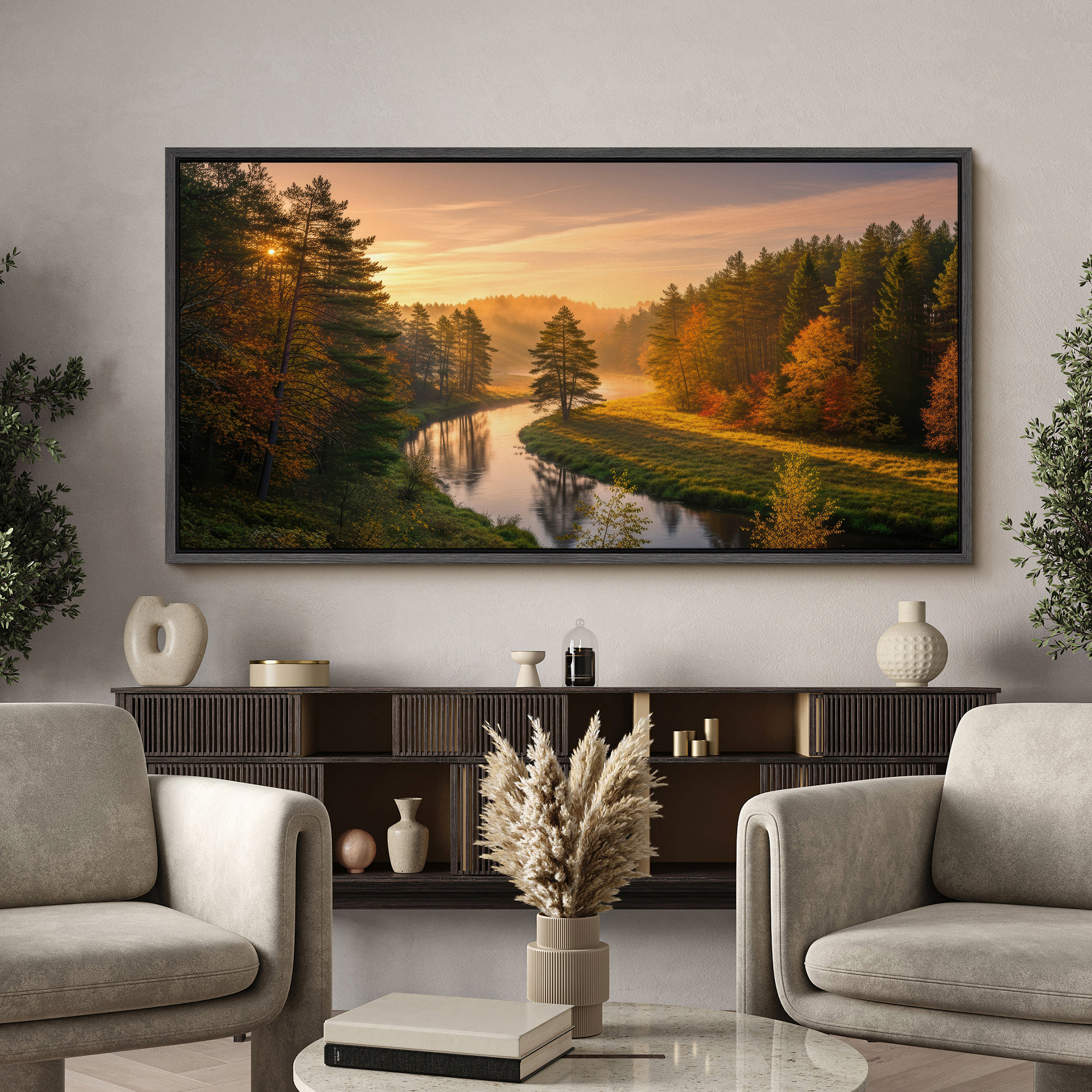 wall26 Sunlit River Bend in Autumn Forest Framed Canvas Wall Art ...
