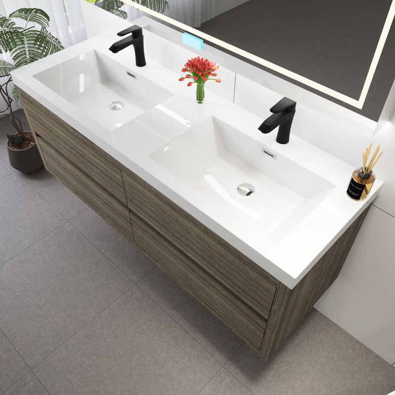 Meuble-lavabo mural 60 po avec lavabo, Bois de frêne gris