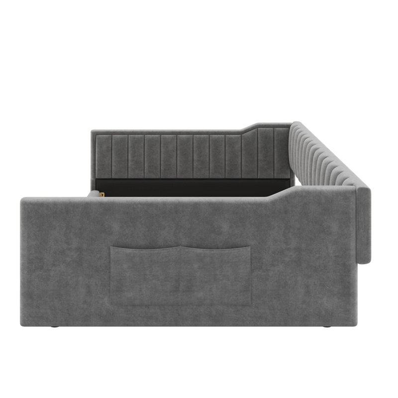 Lit de jour double rembourré en velours de taille très grande avec pochette de rangement latérale, Gris