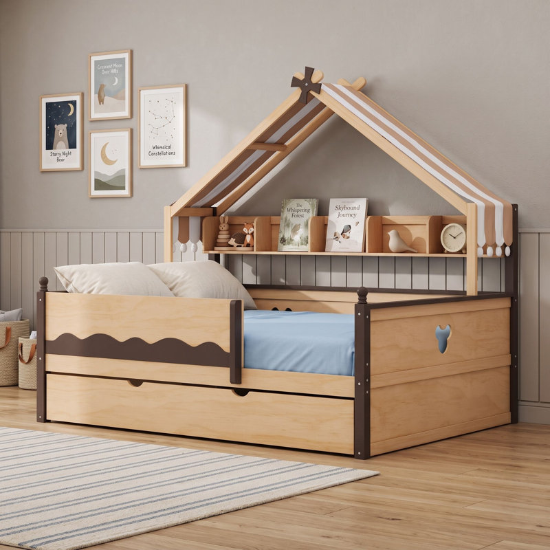 Lit en forme de maison avec bibliothèque et auvent ludique en tissu façon tente, Lit double, Espresso naturel