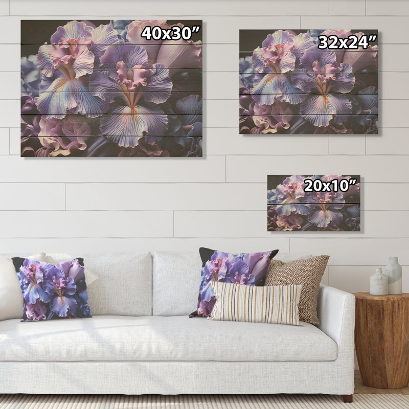 Minuit mauve iris sérénité dévoilé I - iris, art mural sur bois de pin naturel, H 24 po x l 32 po