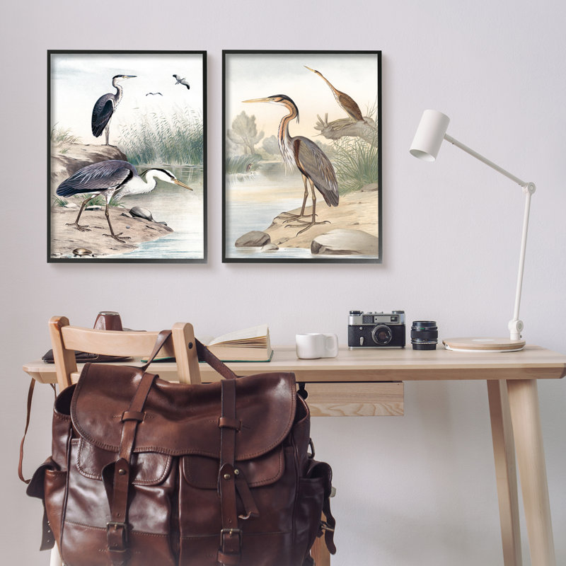 «Elegant Heron Birds Forager River Edge Scene» par Piddix - ensemble de 2 impressions sur toile flottante