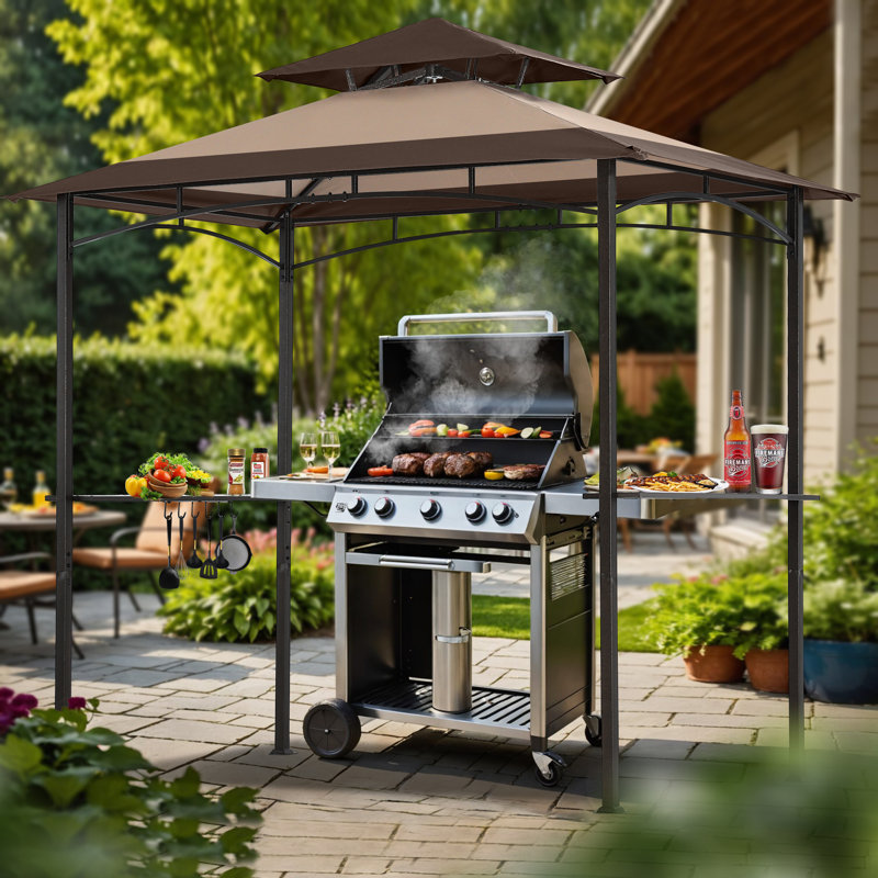 8' W x 5' D Double-Tiered Grill Gazebo with LED Lights, Khaki Brown Bi-Color