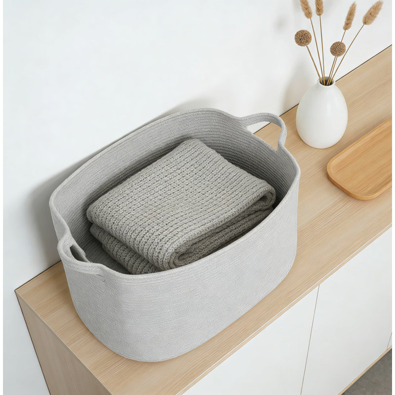Large Woven Cotton Rope Storage Basket With Handles, Multi-Purpose Rectangular Organizer For Blankets, Toys, Laundry, And Home Decor