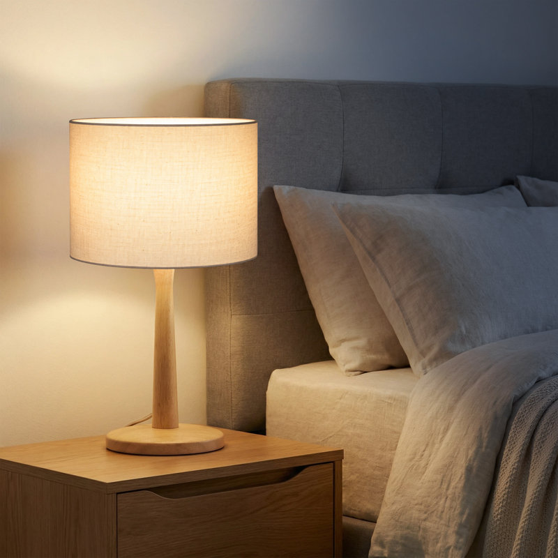 Lampe de table en bois massif Nordic avec abat-jour tambour en lin, éclairage décoratif à intensité variable pour la chambre à coucher, le salon ou la table de chevet 