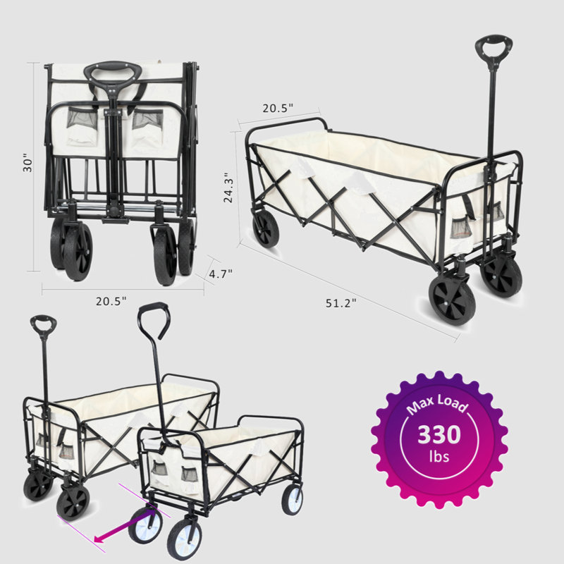Large White Folding Utility Wagon with Anti-Slip Wheels and Adjustable Handle