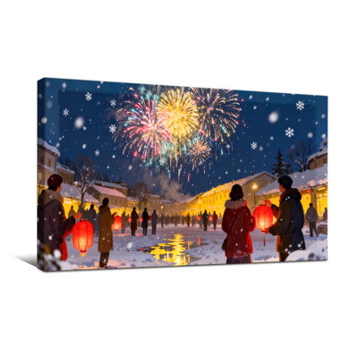 Christmas Fireworks Snow Lanterns Winter Celebration Night People Street Lights