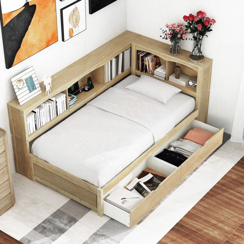 Lit de jour simple en bois massif et amp; Rangement, ports USB - couleur naturelle, Bois