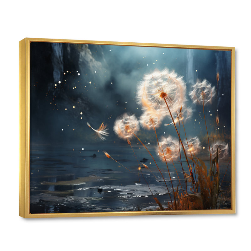 Dandelion Dreams Flight - Floral Canvas Wall Art, H 34 po x l 44 po x P 1,5 po, Cadre flottant doré
