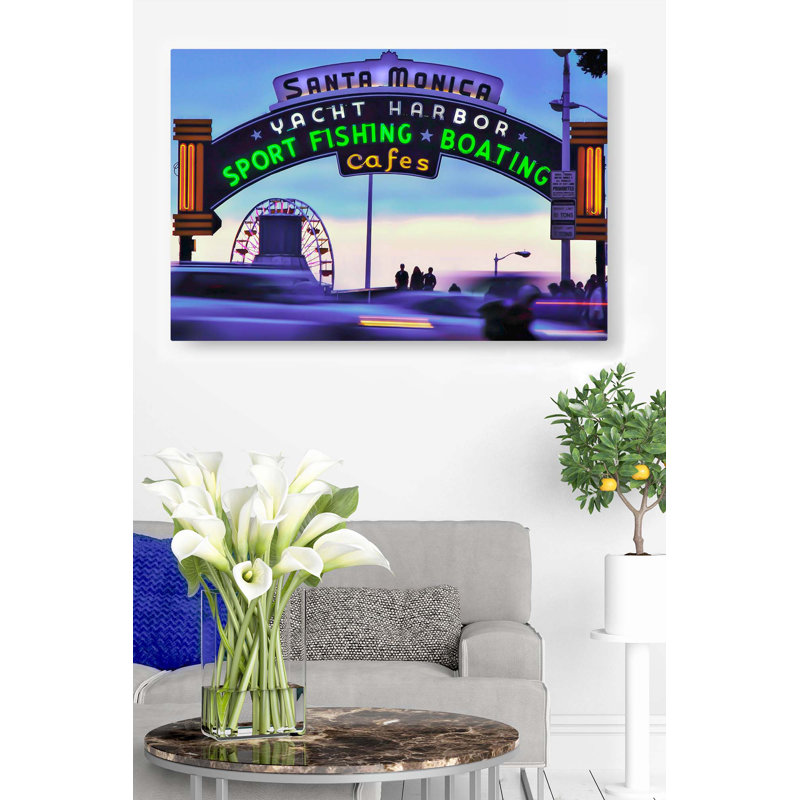 Santa Monica Pier, Santa Monica, enseigne de port de plaisance, ciel bleu, Californie, néon, nuit, coucher de soleil