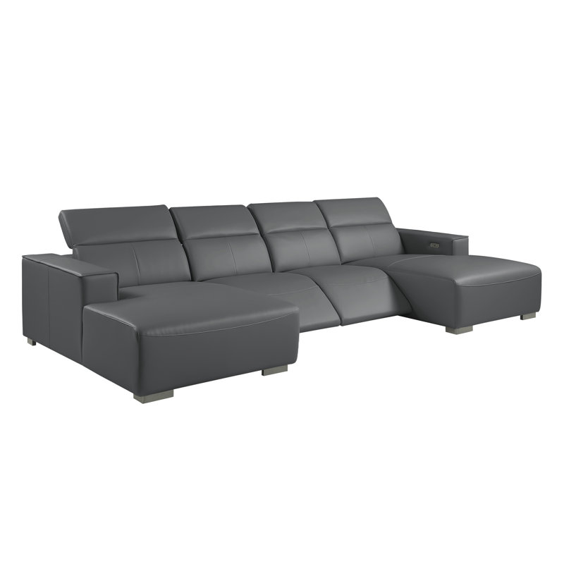 Canapé modulaire en U en cuir véritable 4 pièces gris foncé avec 2 fauteuils inclinables électriques et appuis-tête réglables