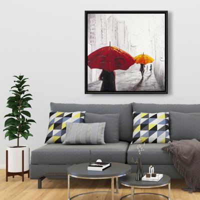 «Passersby with Umbrellas», art de paysage de rue rouge
