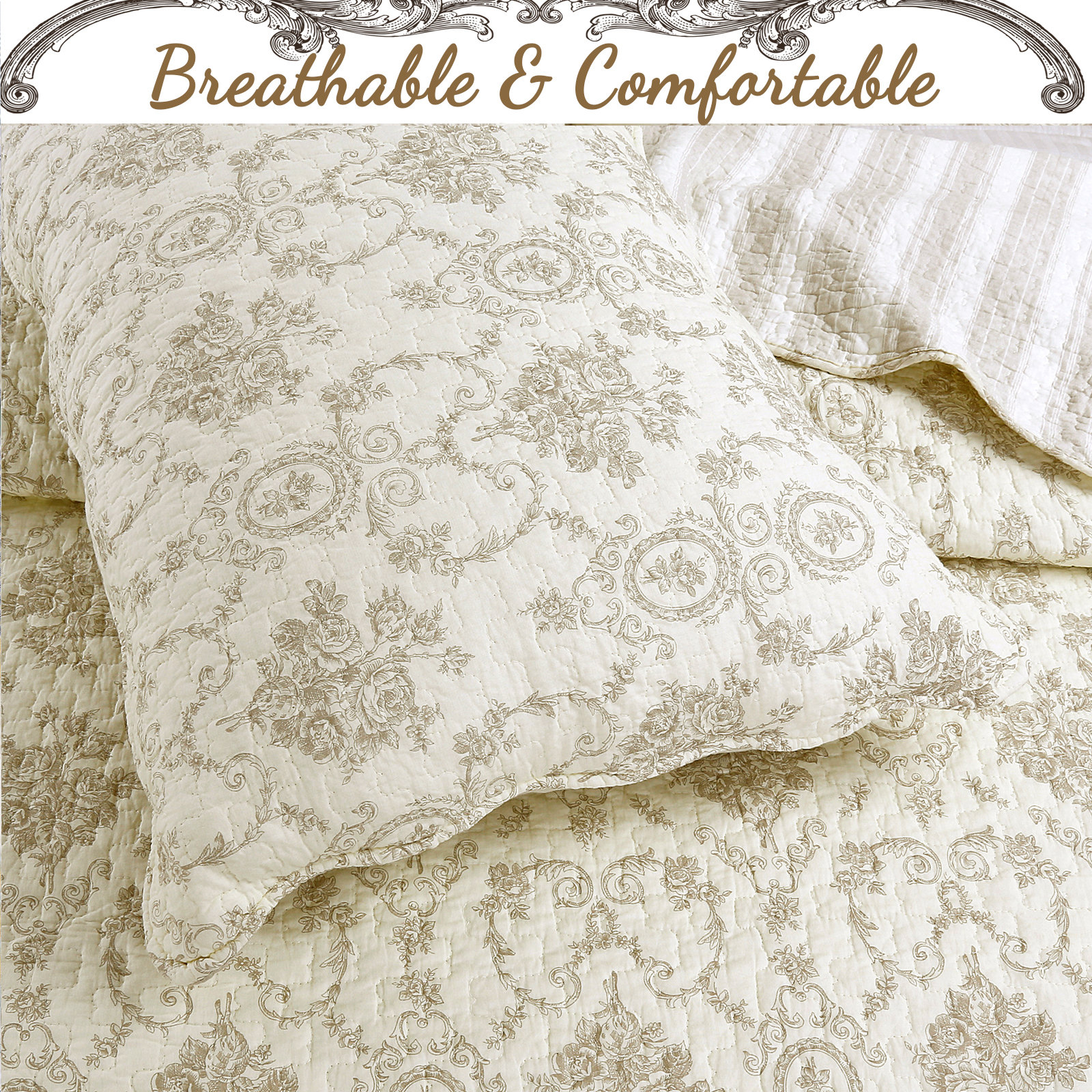 French Medallion Cotton Quilt Set, Ivory/Cream, King Quilt + 2 King Shams