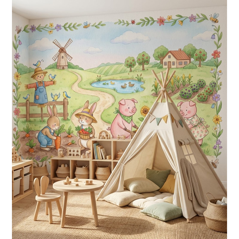 Papier peint animaux fantaisistes campagne, L: 190 po x H: 108 po, Peler et coller