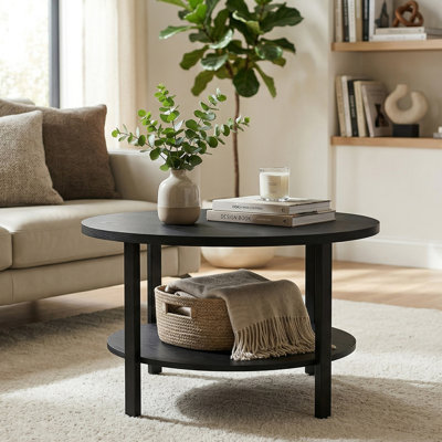 31.5" Industrial Round Coffee Table, 2-Tier Wood & Metal Storage, 110 lb Cap