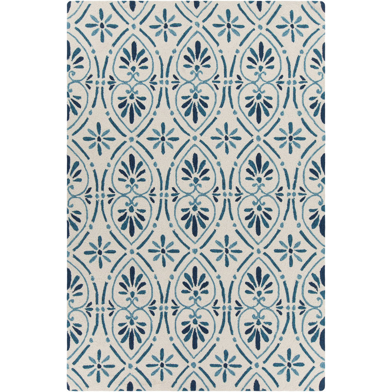 Terra Authentic Machine Tufted Cream, Blue Floral Polypropylene Indoor/Outdoor Area Rug, 5' x 7'6"