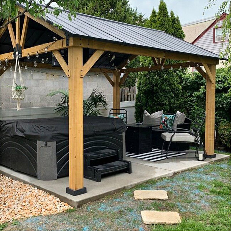 Permanent Wood Gazebo 13 Ft. W x 11 Ft. D Solid Wooden Patio Gazebo, Black