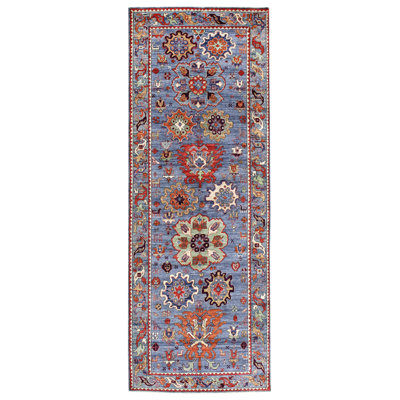 Tapis de couloir bleu en laine noué à la main de conception unique 4 pi 2 po x 11 pi 9 po Smirna