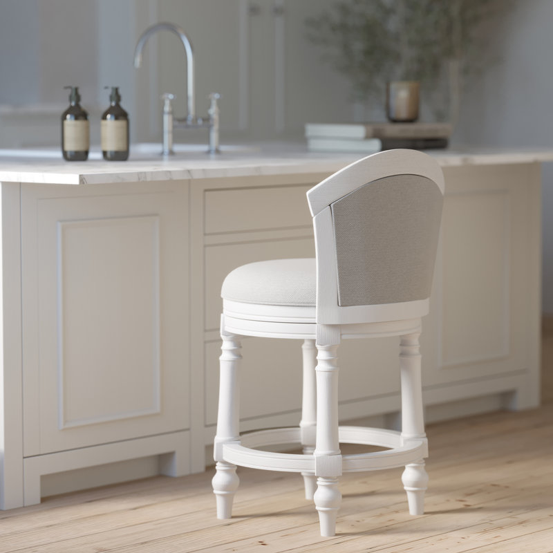Tabouret de bar à hauteur de comptoir de 26 po, pivotant à 180 degrés, rembourré à dossier, structure blanche et tabouret pivotant à finition grise avec design, siège, dossier rembourré